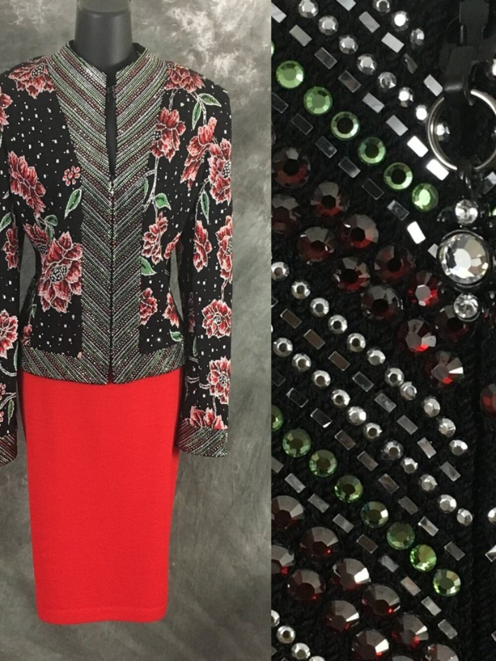 BEAUTIFUL St John couture knit red green black multi rhinestones skirt suit 10